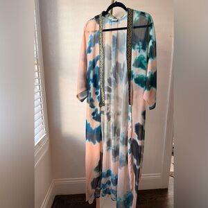 SUKI SO Sheer Long Kimono Duster Tie Waist Abstract Print One Size